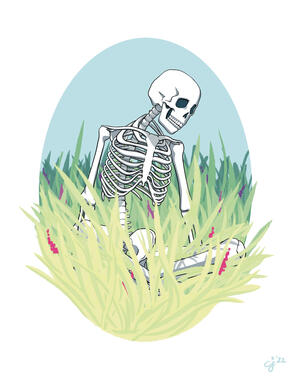 skeleton in grass